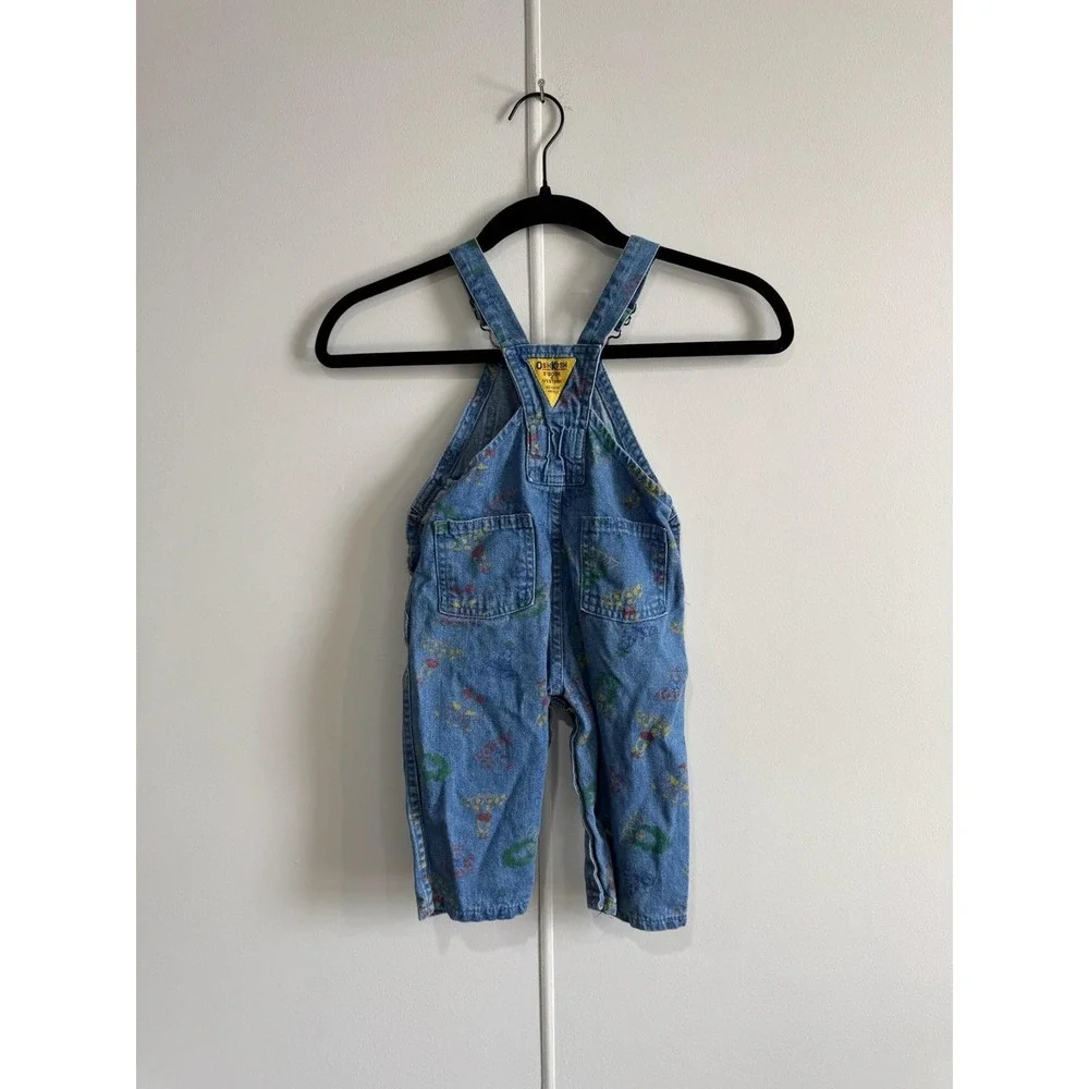 Vintage OshKosh B'gosh Overalls Toddler Boys 12-18M Blue Denim Animal‎ Print 90s